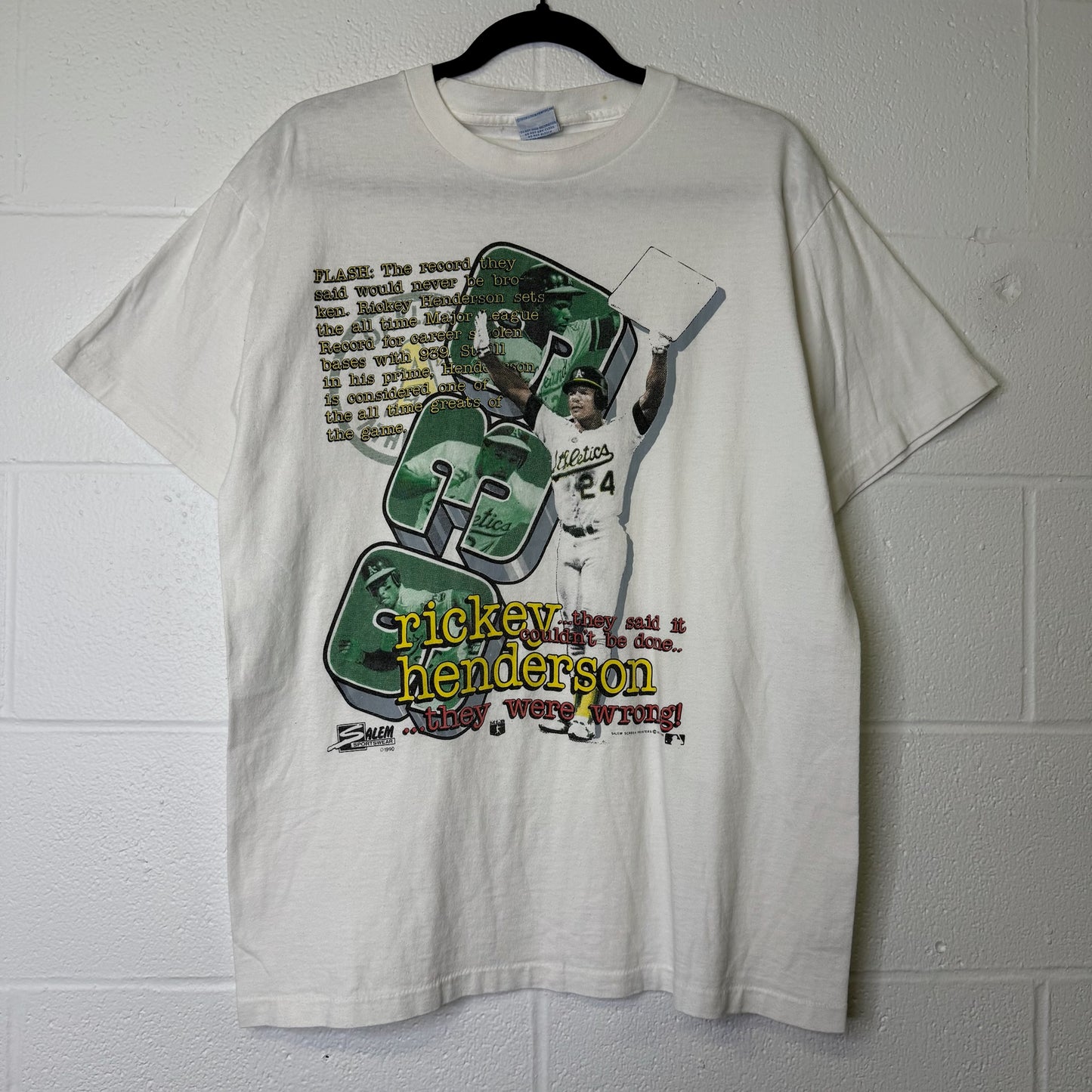 1990 Oakland Athletics Rickey Henderson Salem MLB T-shirt Sz L (B1679)