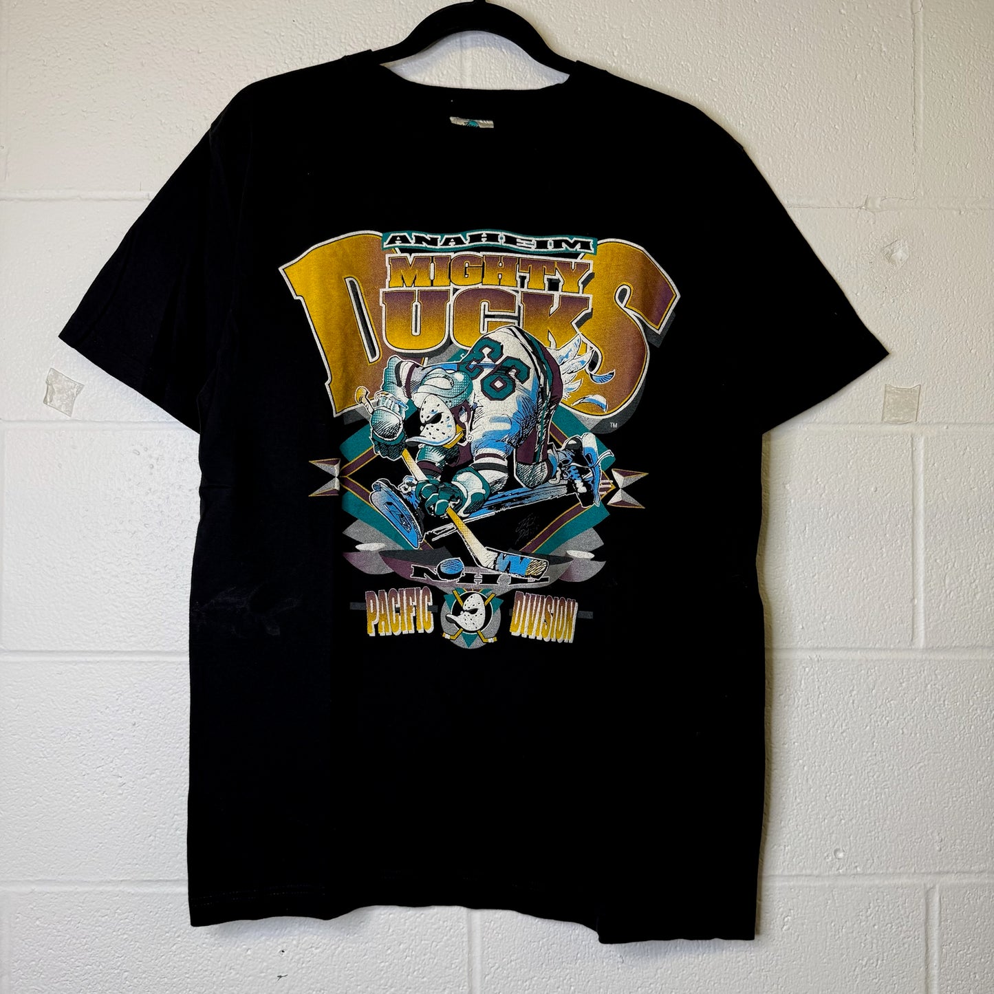 90's Anaheim Mighty Ducks Jack Davis NHL T-Shirt Sz L (B2420)