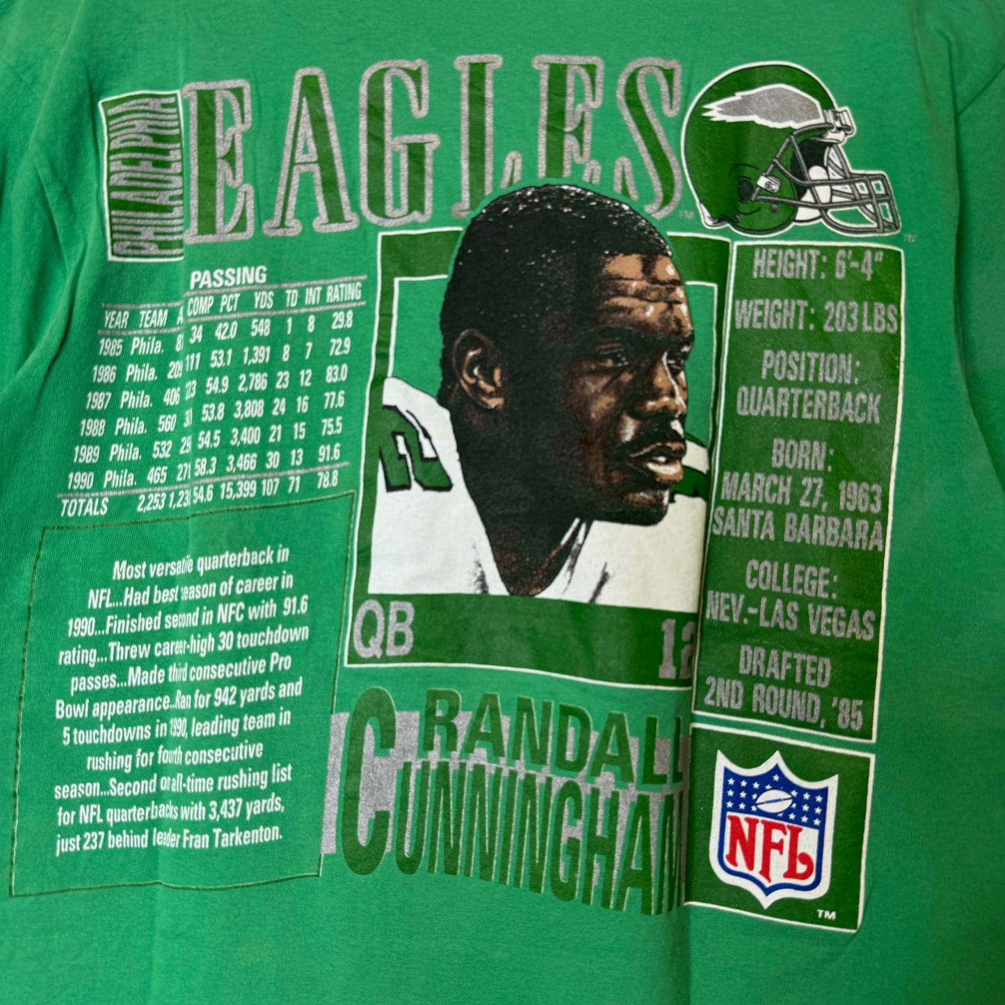 90s Philadelphia Eagles Randall Cunningham NFL Nutmeg Player T-Shirt Sz L