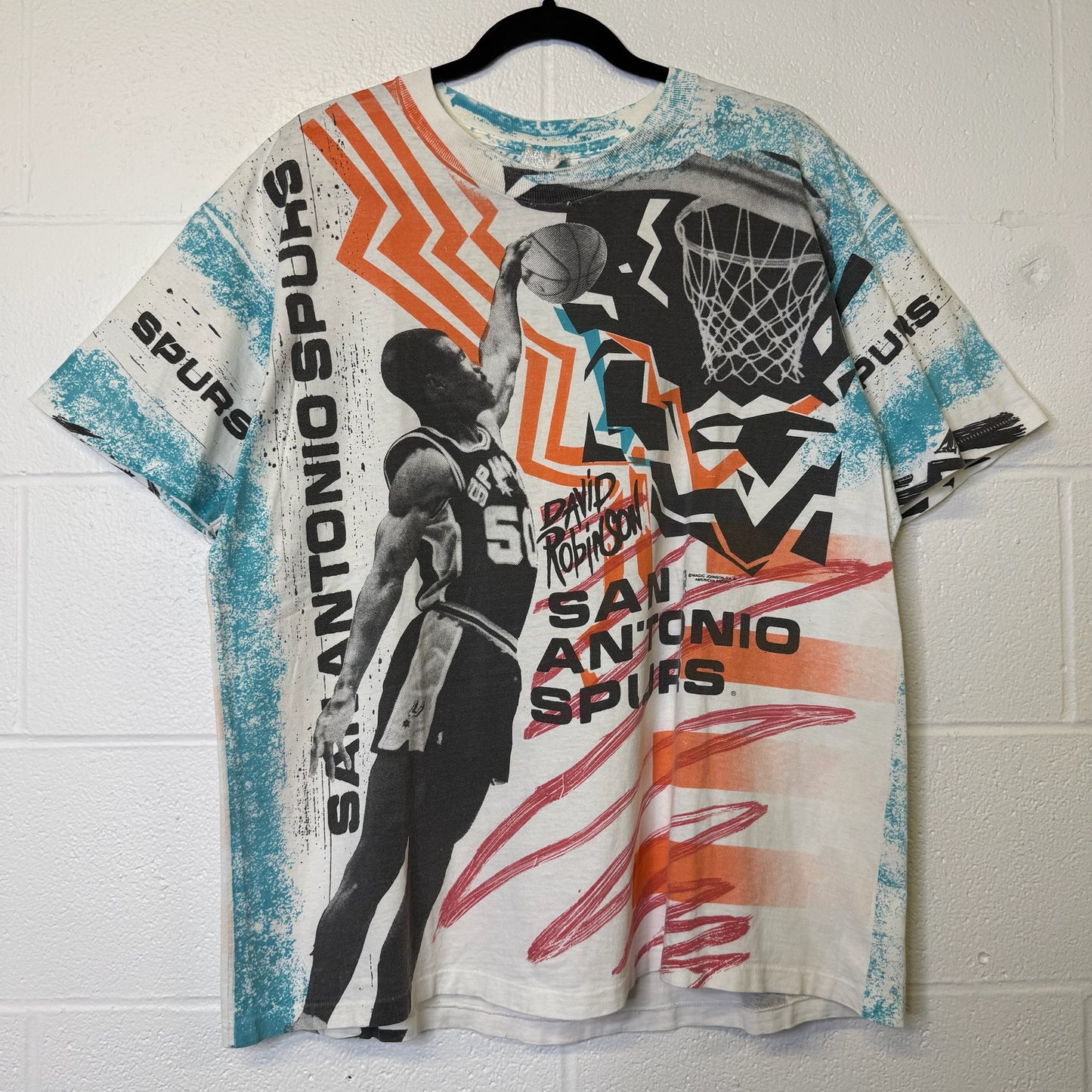 90's San Antonio Spurs David Robinson NBA AOP T-Shirt Sz L (B2194)