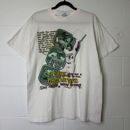 1990 Oakland Athletics Rickey Henderson Salem MLB T-shirt Sz L (B1679)