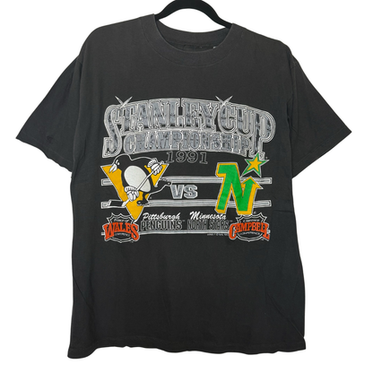 1991 Pittsburgh Penguins vs Minnesota North Stars NHL T-Shirt Sz L (B2889)