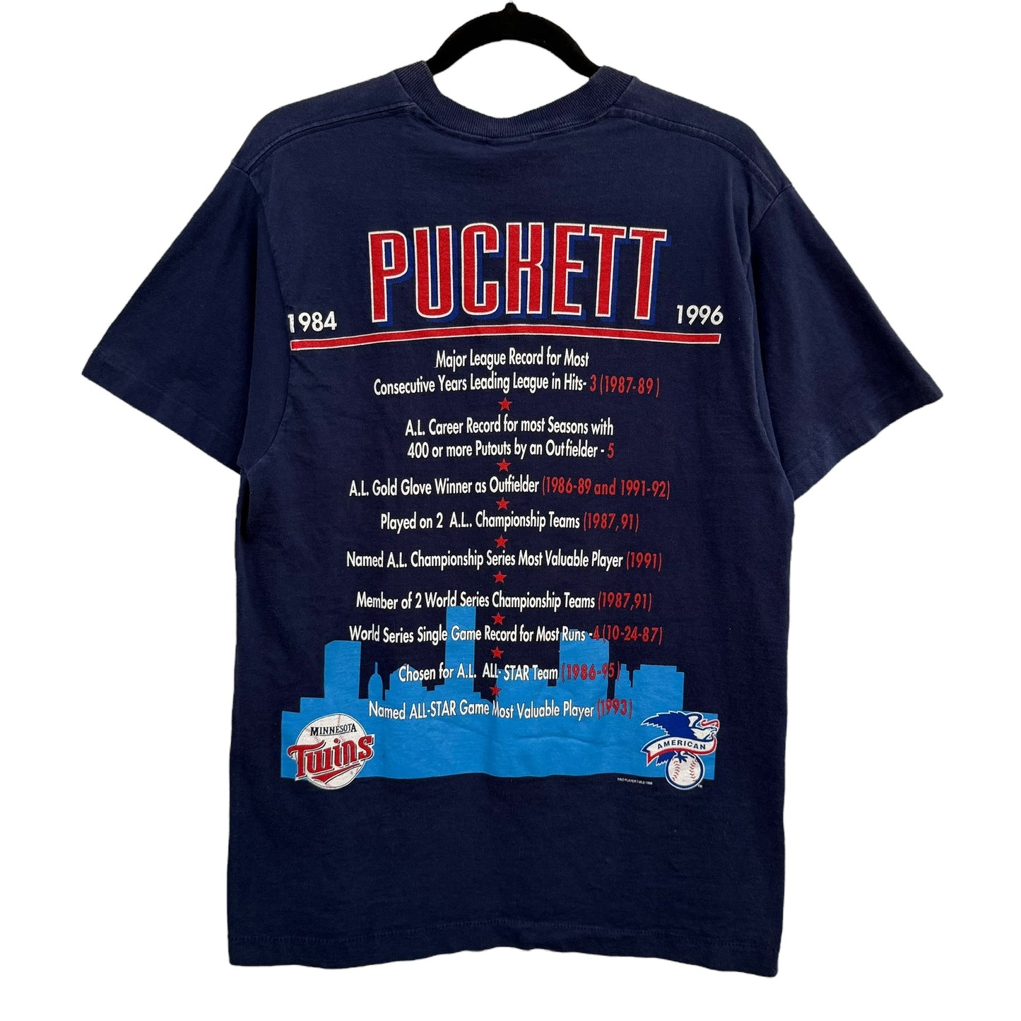 90s Kirky Puckett Minnesota Twins MLB Player T-shirt Sz L (B1229)