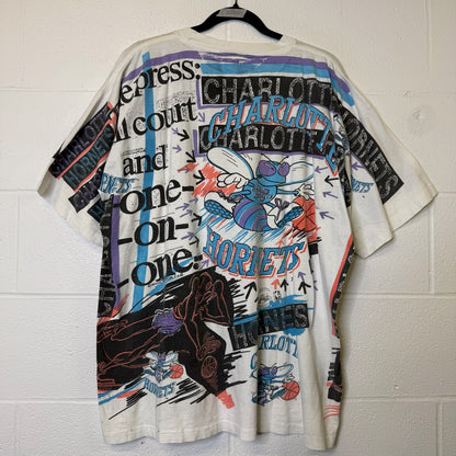90's Charlotte Hornets AOP NBA Magic Johnson Tees T-Shirt Sz XL (B2186)