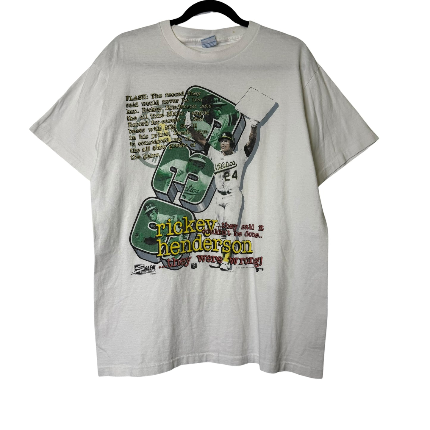 1990 Oakland Athletics Rickey Henderson Salem MLB T-shirt Sz L (B1679)