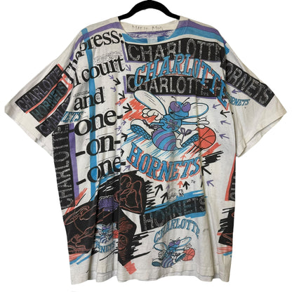90's Charlotte Hornets AOP NBA Magic Johnson Tees T-Shirt Sz XL (B2186)