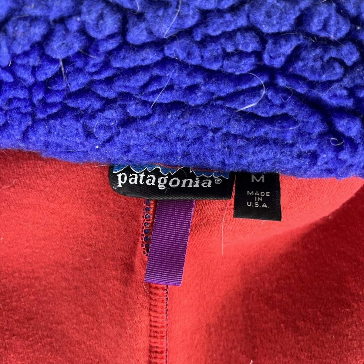 Vintage Patagonia Deep Pile Fleece Jacket Blue Red Lining Sz M (Made In USA)