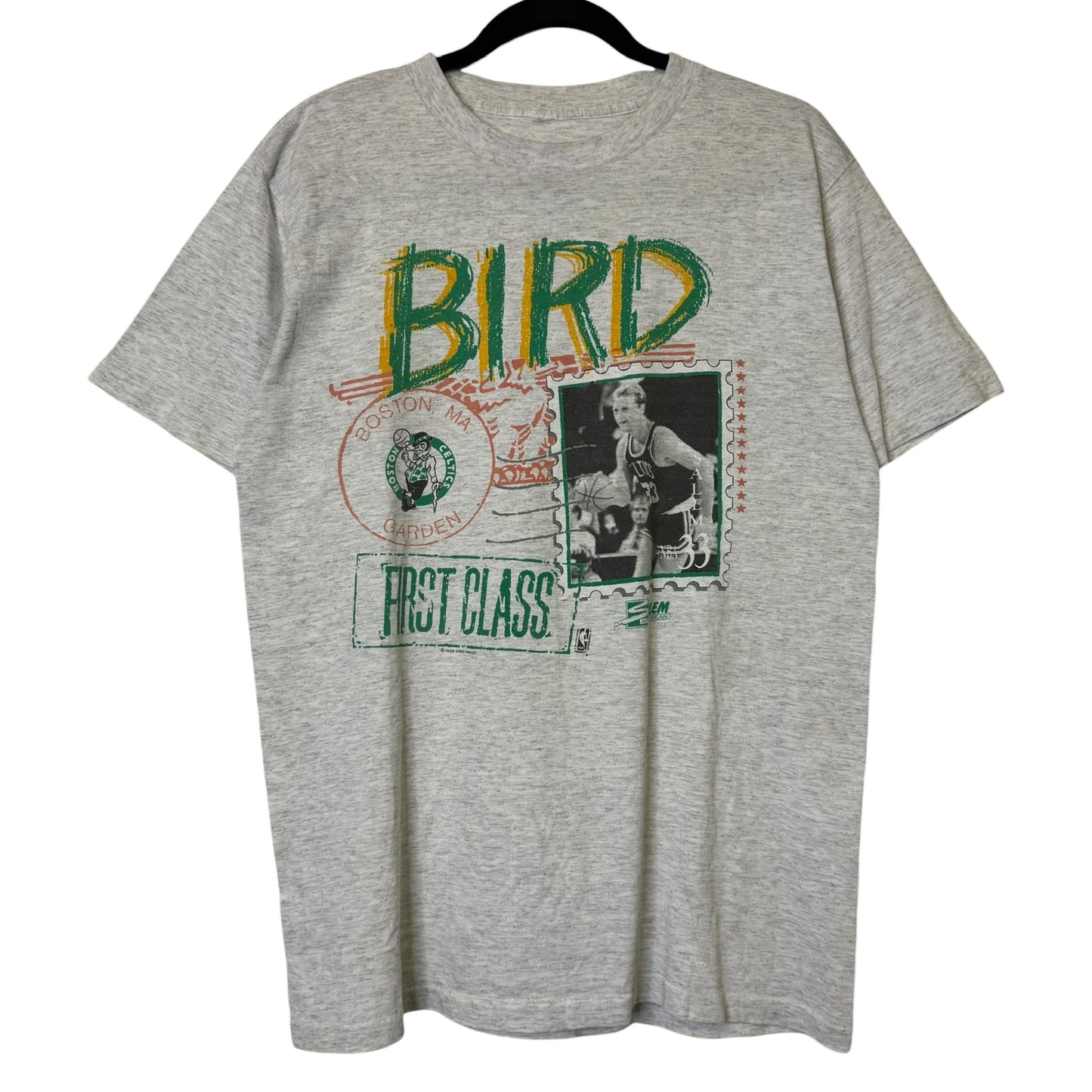 1990 Boston Celtics Larry Bird Salem Stamp NBA T-Shirt Sz L (B2203)