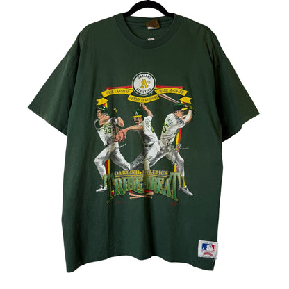 1991 Oakland Athletics MLB Triple Threat Nutmeg T-shirt Sz L (B1758)