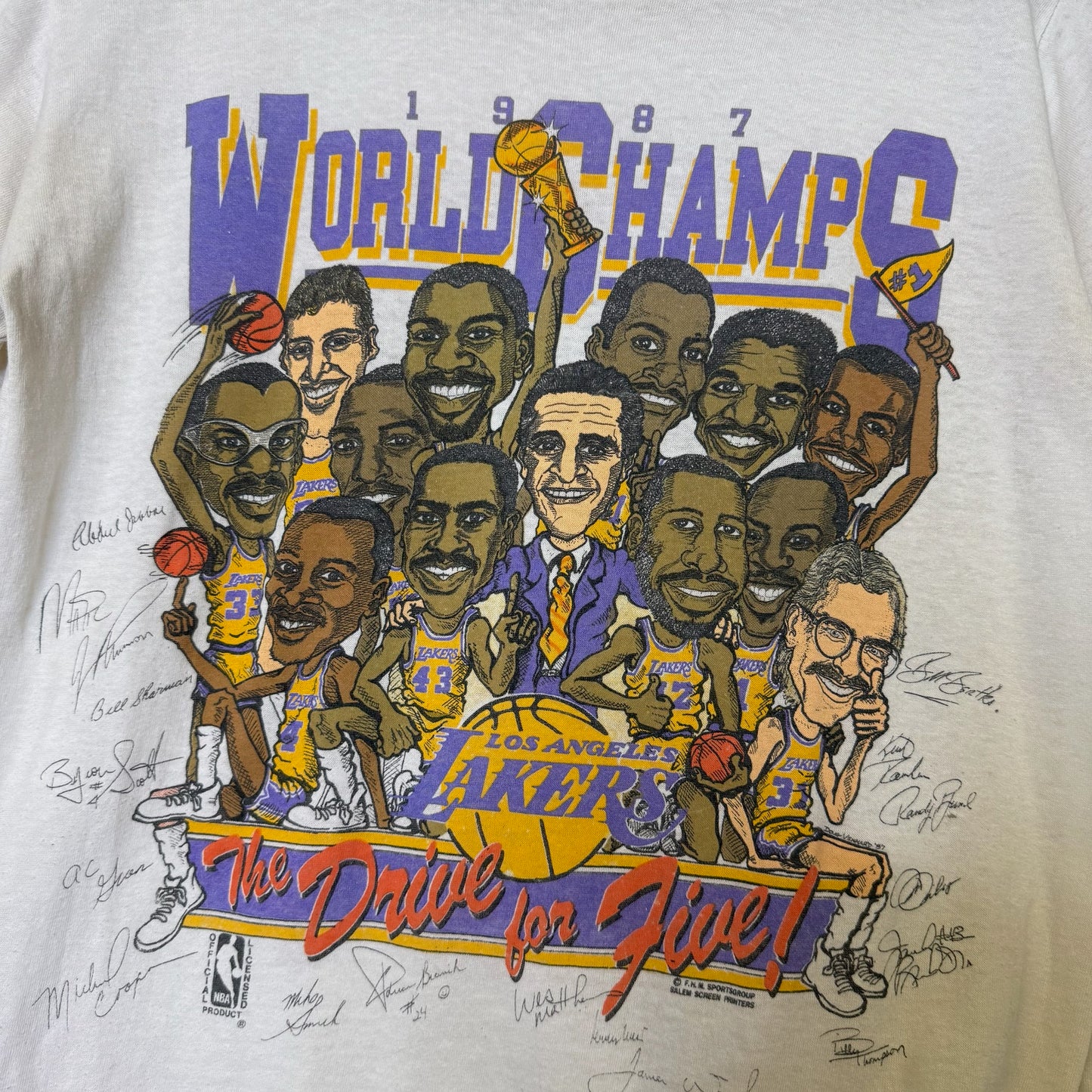 1987 Los Angeles Lakers NBA Caricature T-Shirt Sz L (B631)