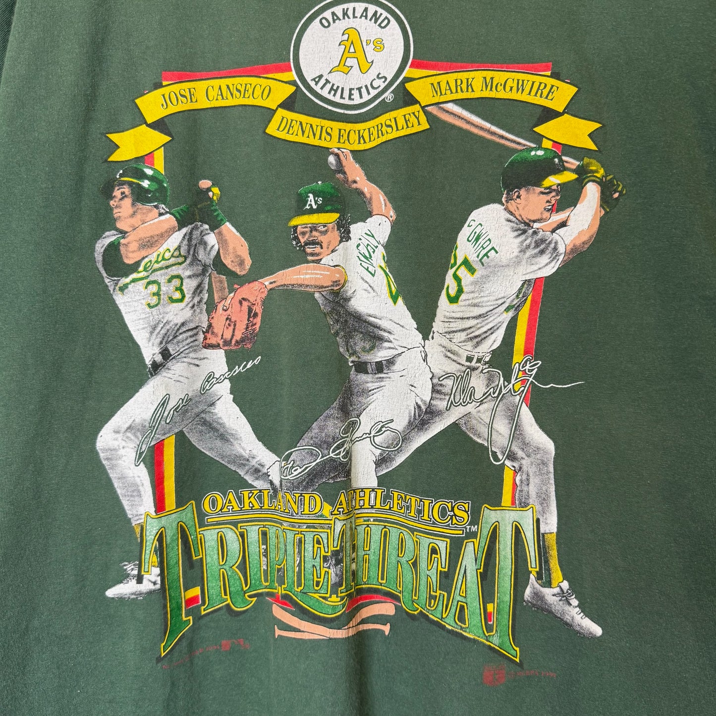 1991 Oakland Athletics MLB Triple Threat Nutmeg T-shirt Sz L (B1758)
