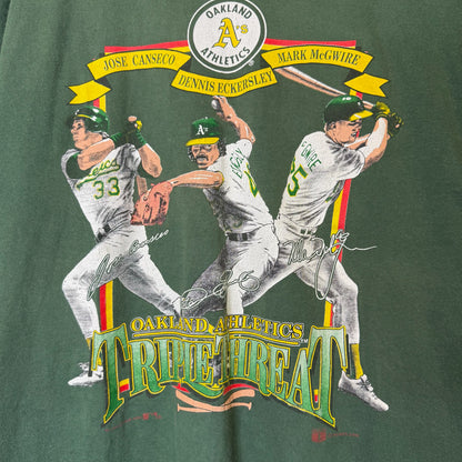 1991 Oakland Athletics MLB Triple Threat Nutmeg T-shirt Sz L (B1758)