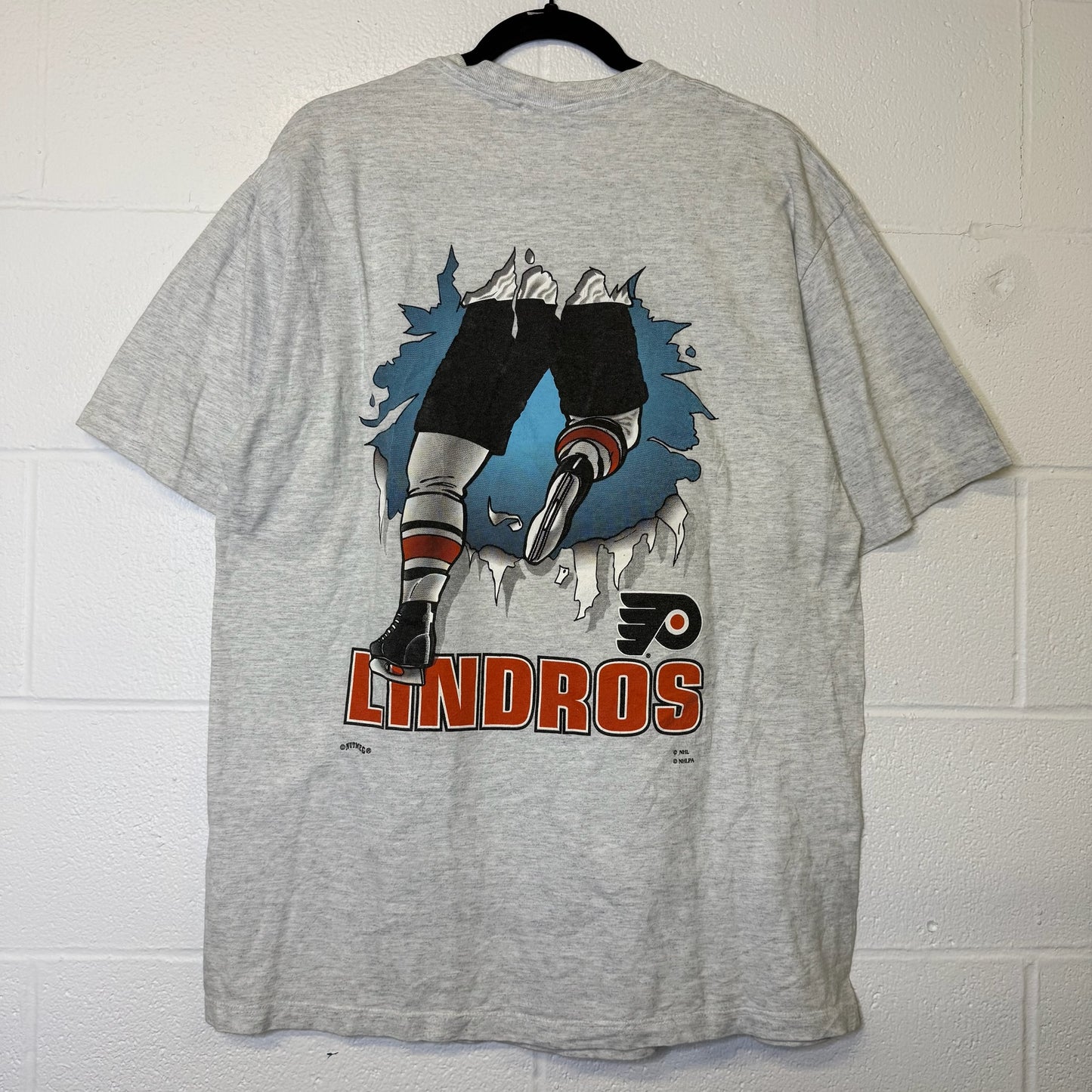 90s Eric Lindros Philadelphia Flyers NHL Nutmeg Breakthrough T-Shirt Sz L (B2868)