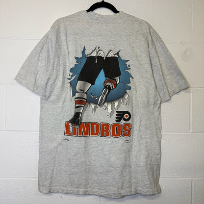 90s Eric Lindros Philadelphia Flyers NHL Nutmeg Breakthrough T-Shirt Sz L (B2868)