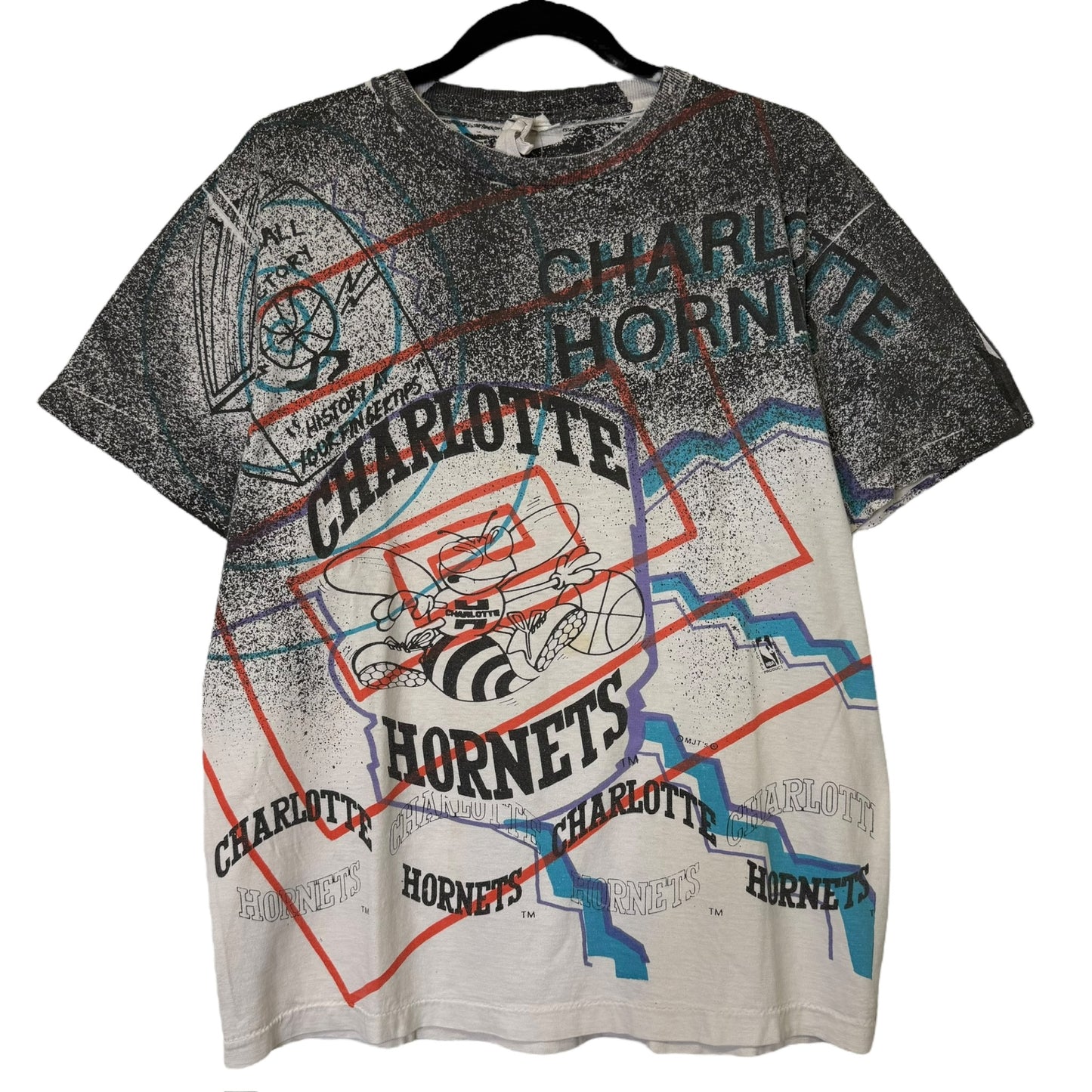 90's Charlotte Hornets NBA Magic Johnson T's AOP T-shirt Sz L (L728)