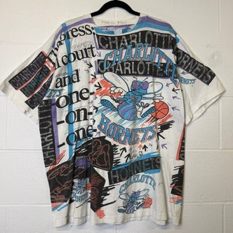 90's Charlotte Hornets AOP NBA Magic Johnson Tees T-Shirt Sz XL (B2186)