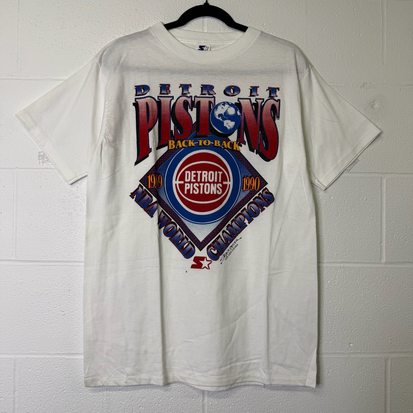 1990 Detroit Pistons Starter Championship NBA T-Shirt Sz L (B1618)