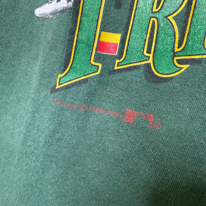 1991 Oakland Athletics MLB Triple Threat Nutmeg T-shirt Sz L (B1758)
