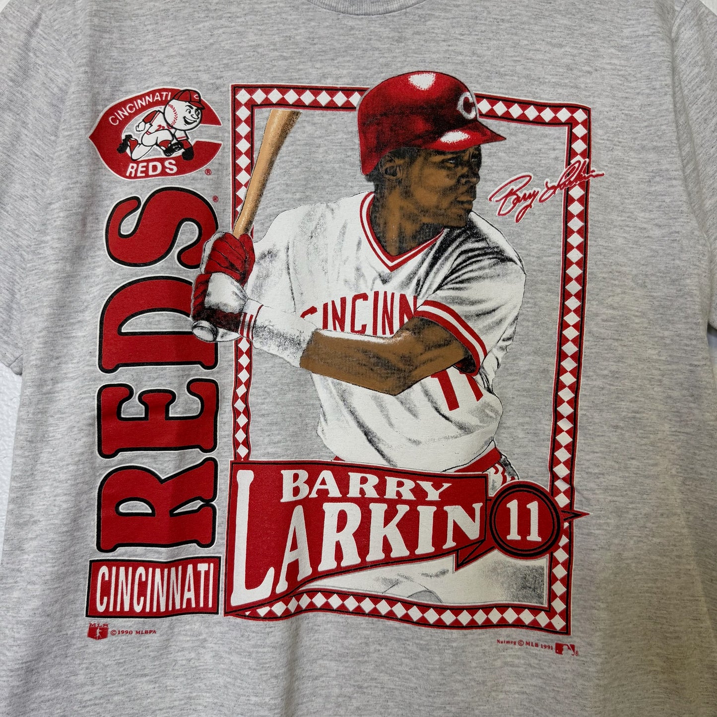 1991 Barry Larkin Cincinatti Reds MLB Nutmeg T-shirt Sz L (B642)