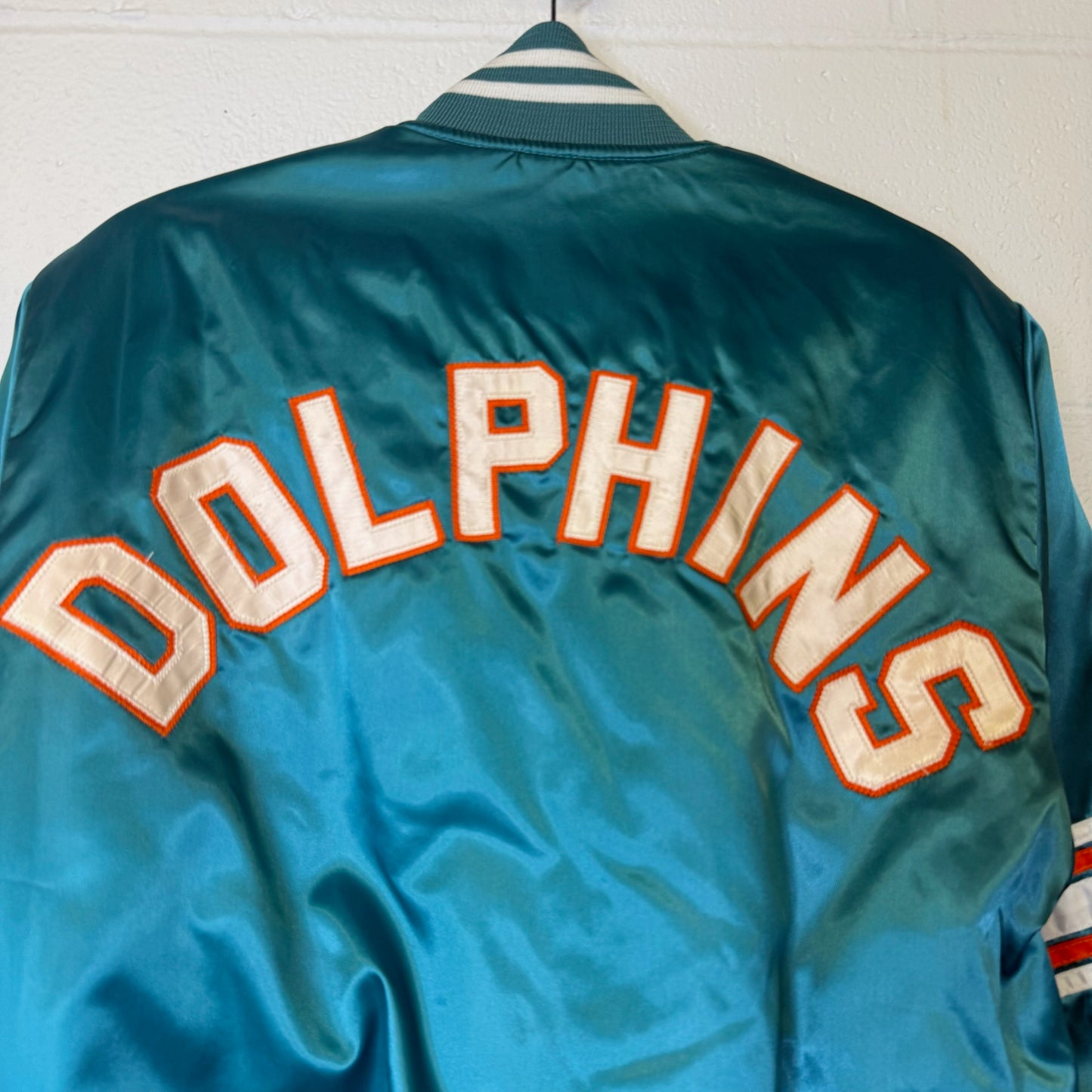 90's Miami Dolphins Satin Spellout Shain NFL Jacket Sz M (B1788)