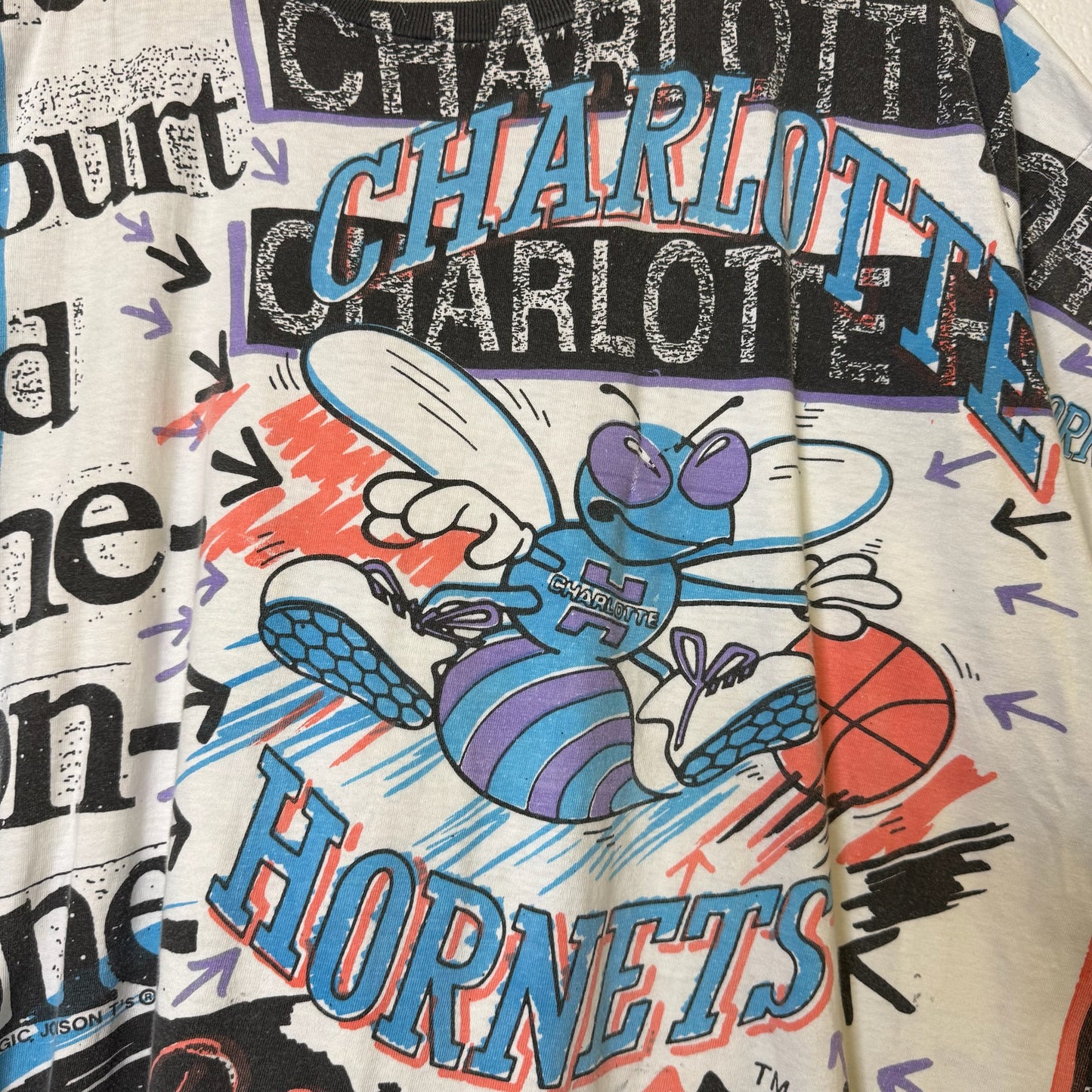 90's Charlotte Hornets AOP NBA Magic Johnson Tees T-Shirt Sz XL (B2186)