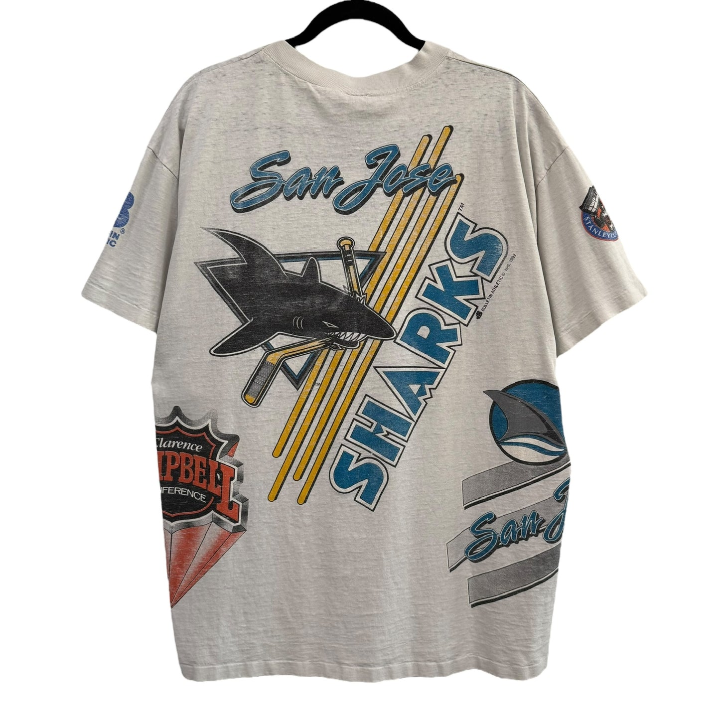 1992 San Jose Sharks NHL Bulletin AOP T-Shirt Sz XL