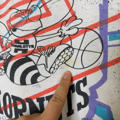 90's Charlotte Hornets NBA Magic Johnson T's AOP T-shirt Sz L (L728)