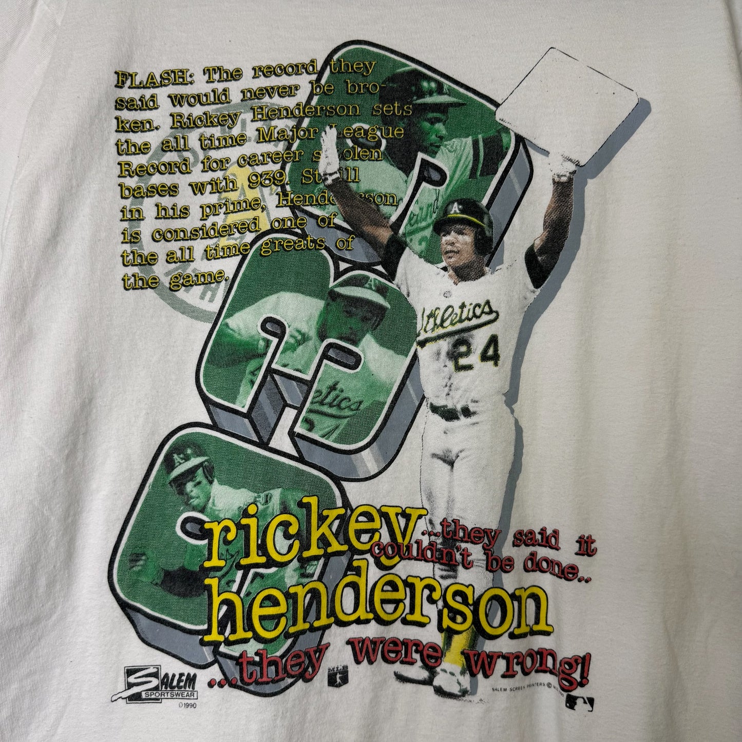 1990 Oakland Athletics Rickey Henderson Salem MLB T-shirt Sz L (B1679)