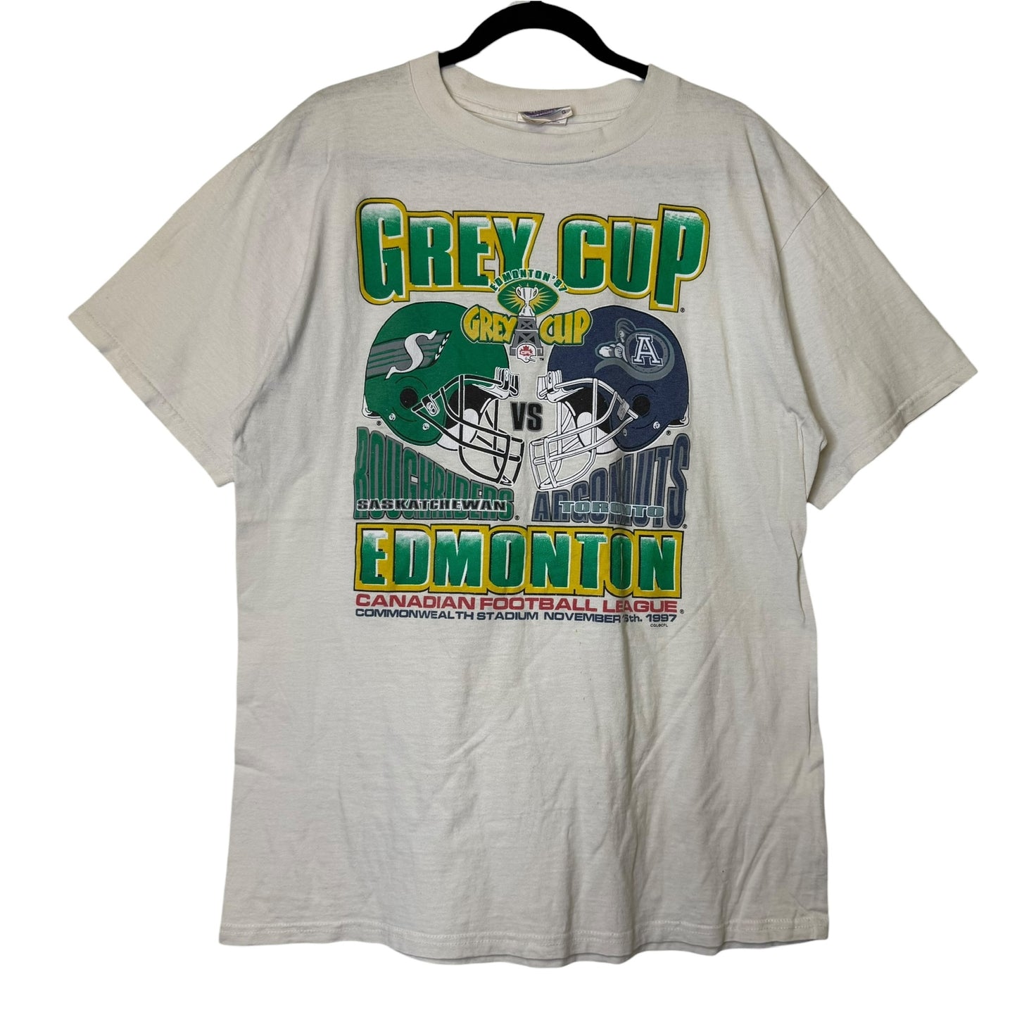 1997 Saskatchewan Roughriders vs Montreal Argonauts CFL Grey Cup T-shirt Sz L (B2111)