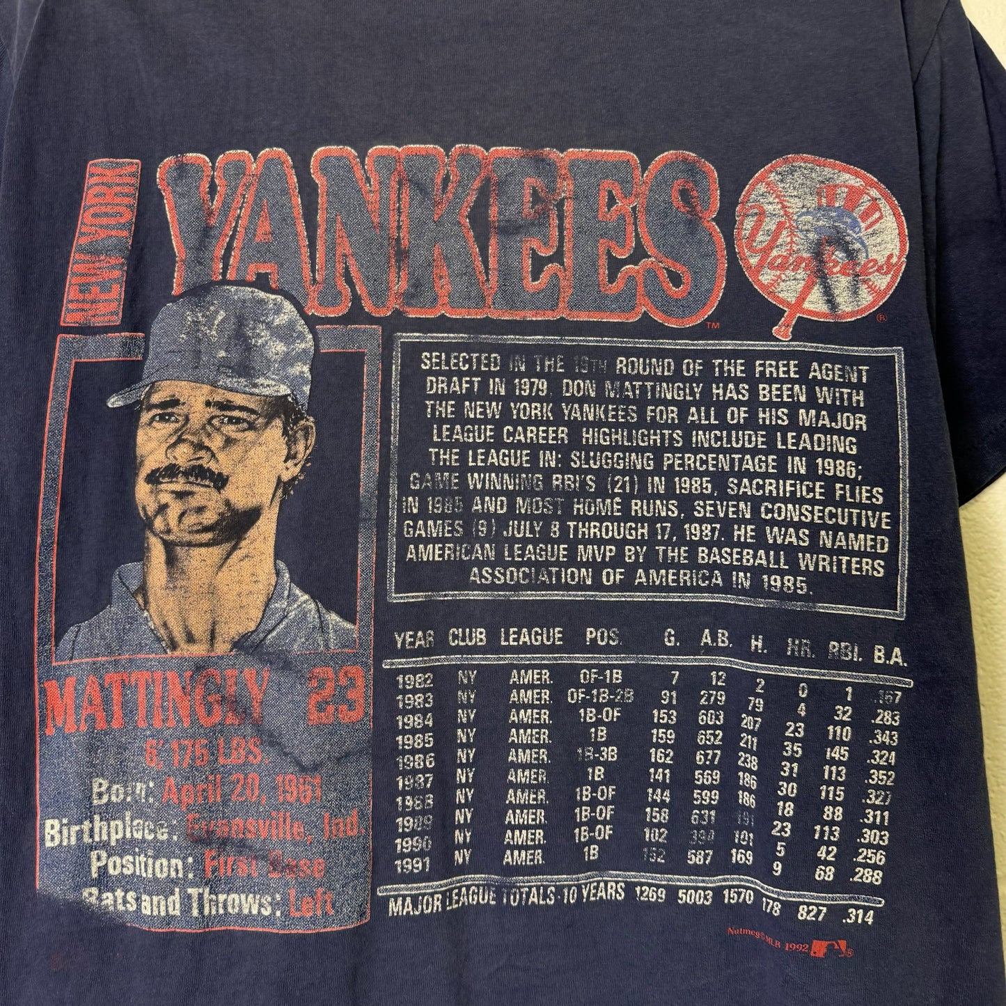 90's NY Yankees Don Mattingly MLB Nutmeg T-shirt Sz L (B1604)