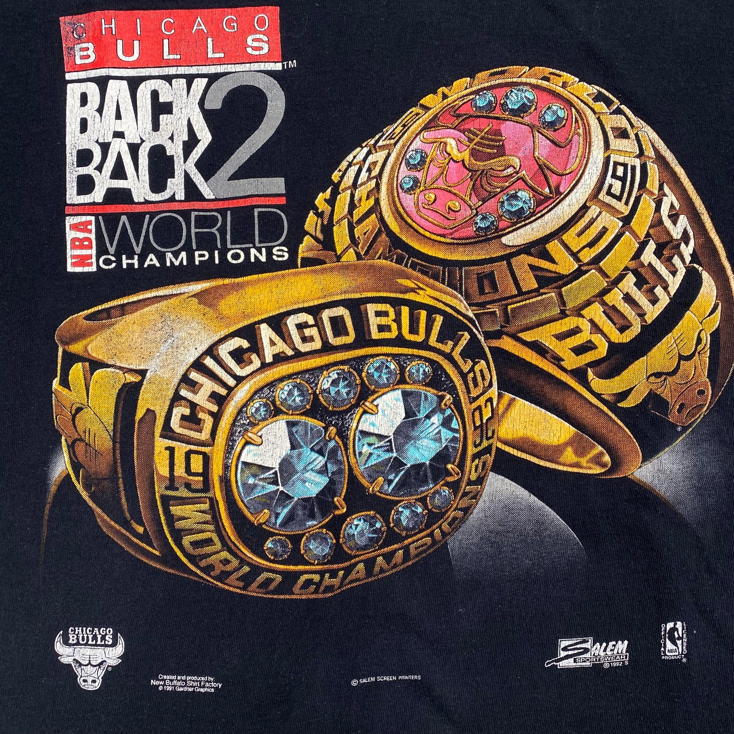 1991 Chicago Bulls Back 2 Back Rings T-shirt Sz XL (A1858)