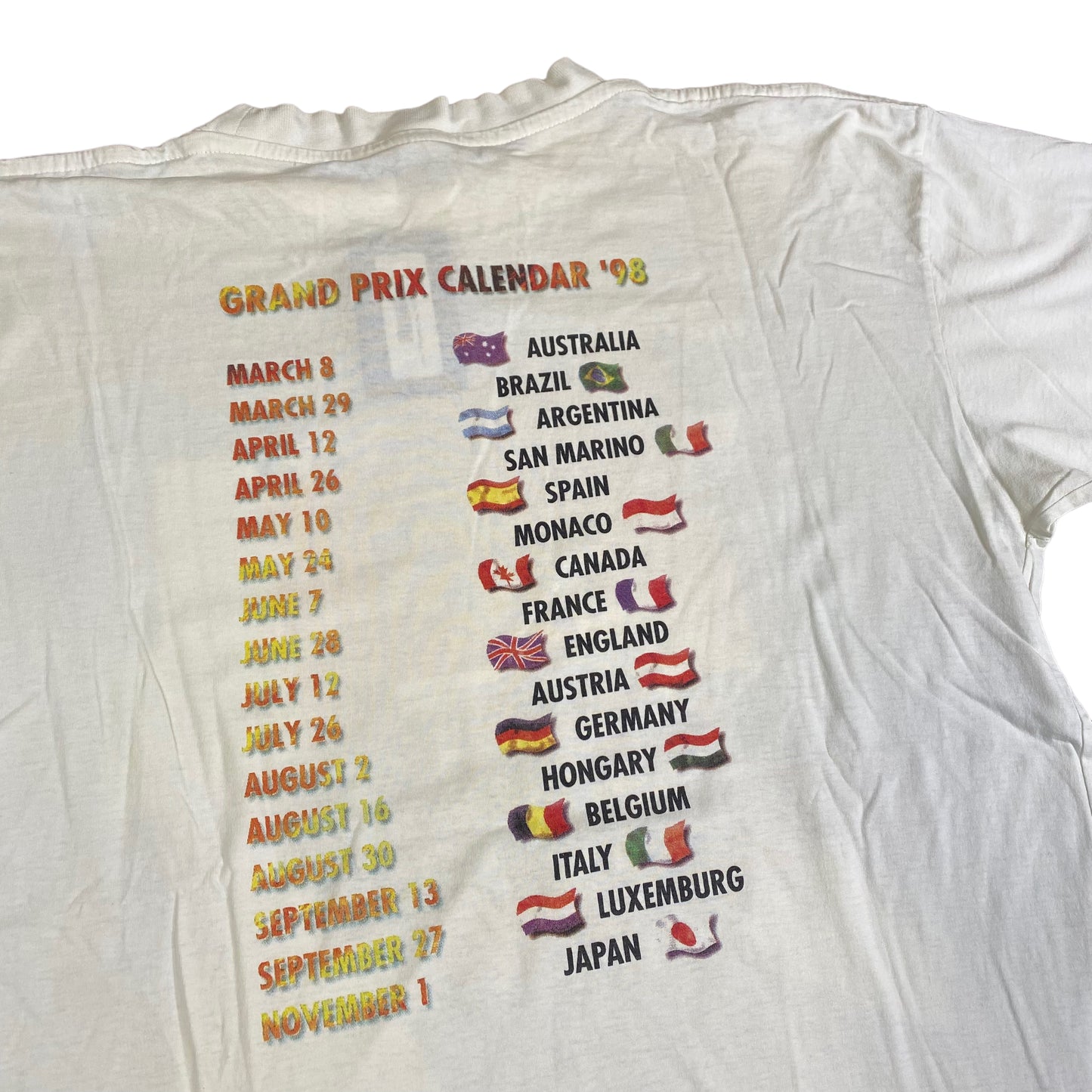 1998 Formula 1 Grand Prix Schedule T-shirt Sz XL (A1458)