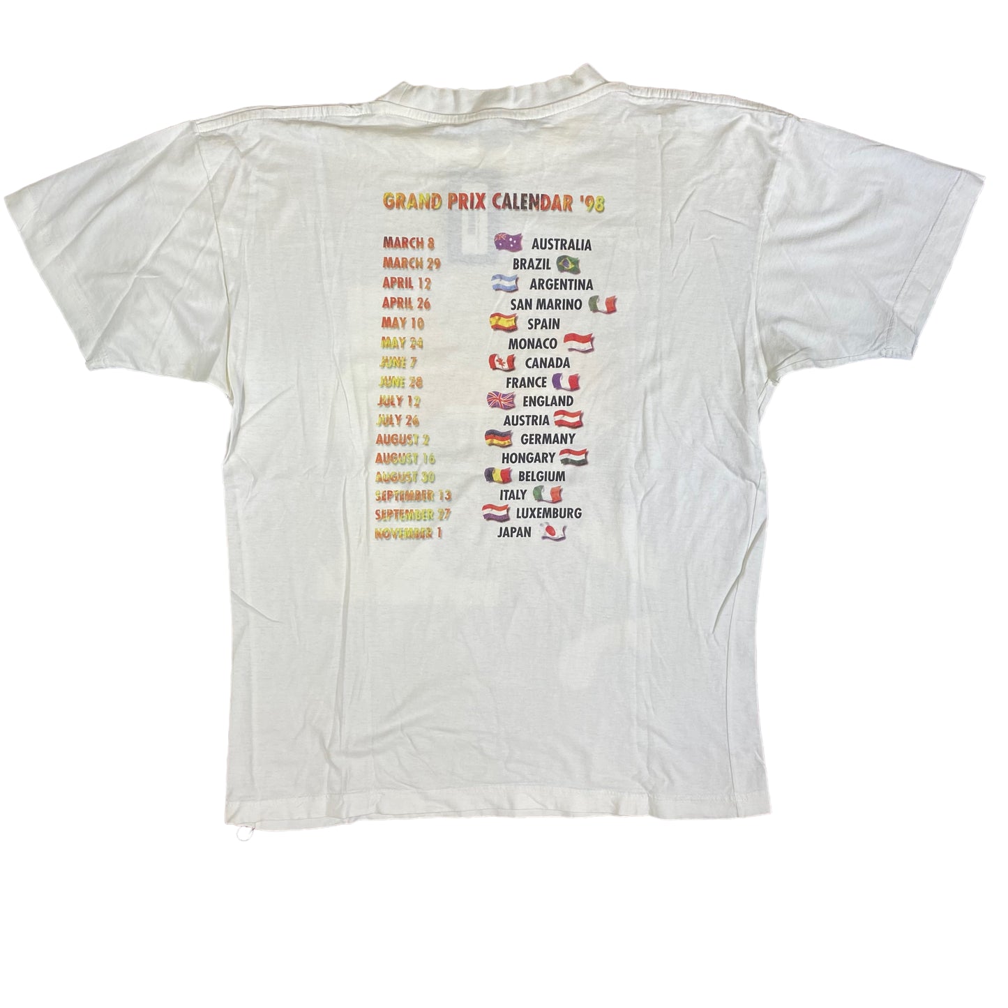 1998 Formula 1 Grand Prix Schedule T-shirt Sz XL (A1458)