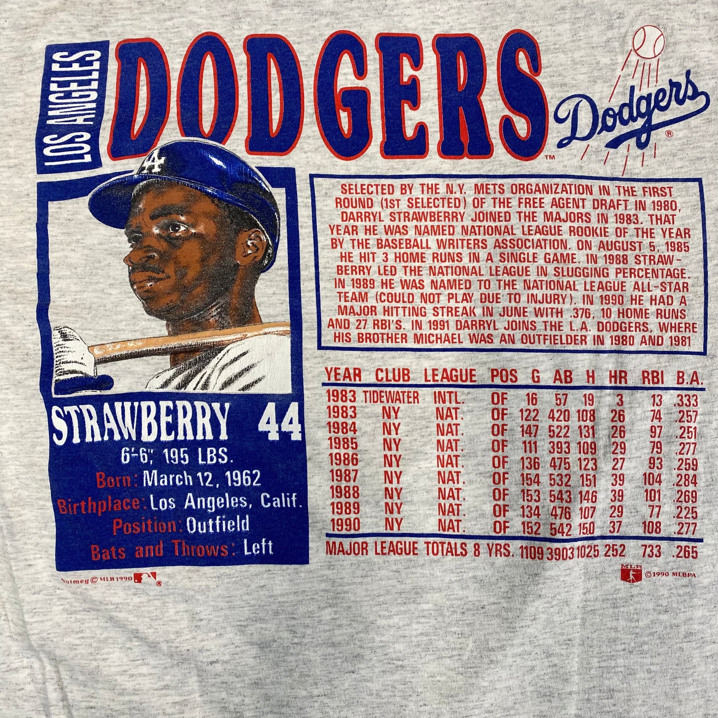 1990 Darryl Strawberry LA Dodger Nutmeg T-shirt Sz L (A284)